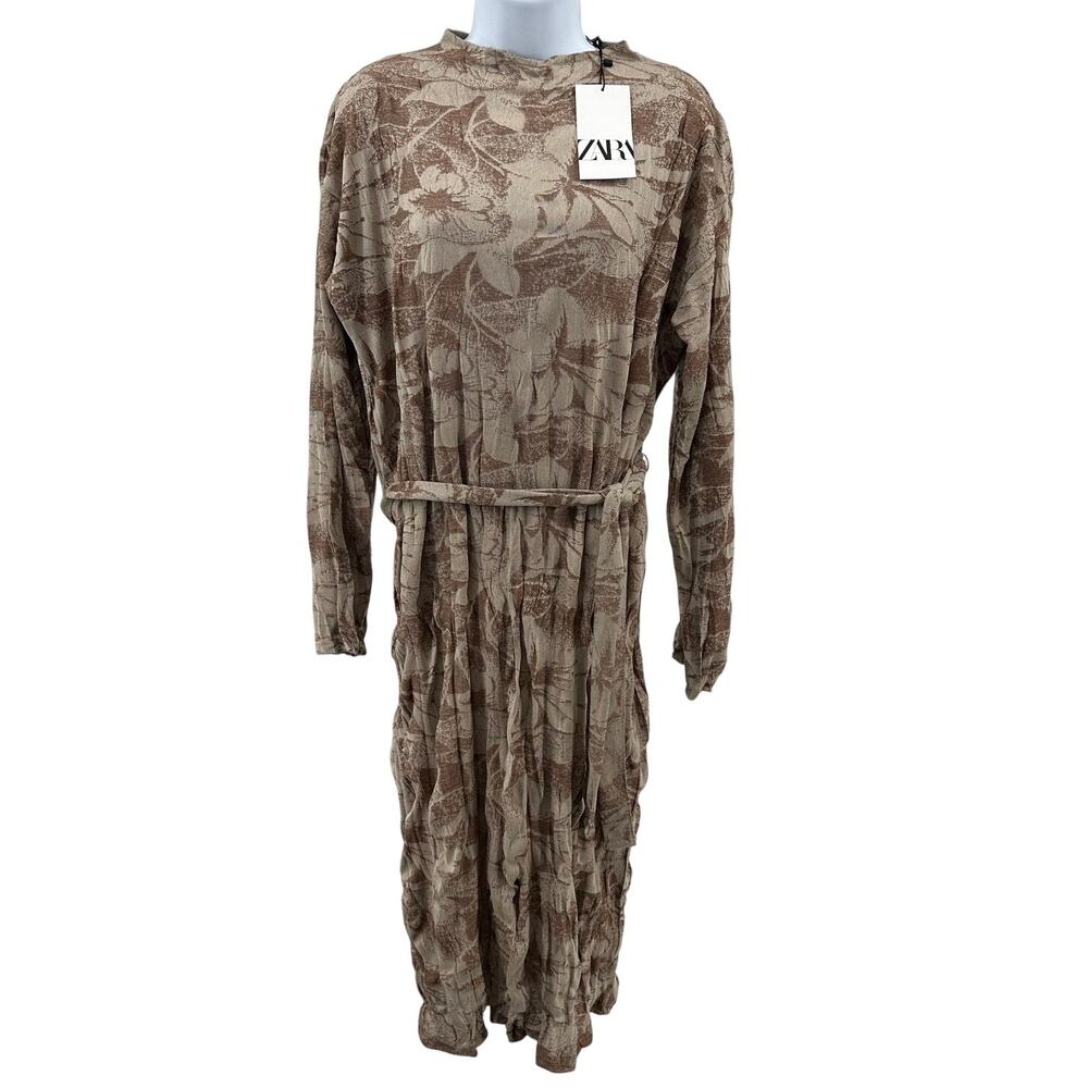 Zara Jacquard Midi Dress WMNS S Tan Brown Tie Waist Crinkled Long Sleeve Stretch